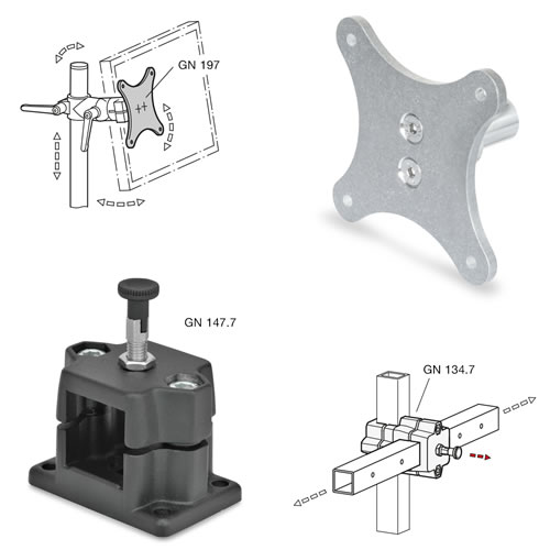 Los nuevos soportes para pantallas GN 197, incluidas las placas adaptadoras VESA, así como las unidades de bloqueo deslizantes GN 134.7 y GN 147.7, abren posibilidades nuevas que ofrecen la solución correcta para las diferentes necesidades del cliente.