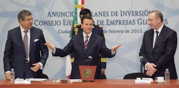 ›› Enrique Peña Nieto, Presidente de México y Pedro Padierna Bartning, Presidente del Consejo Ejecutivo de Empresas Globales (CEEG), coincidieron en que esta nueva inversión por 11 mil 172 millones de dólares para este 2015 incrementará considerablemente la competitividad y el crecimiento económico del país.